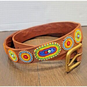 Aspiga Leather Beaded Belt Tribal Tan Brown Colorful Kenya Boho Womens S / M